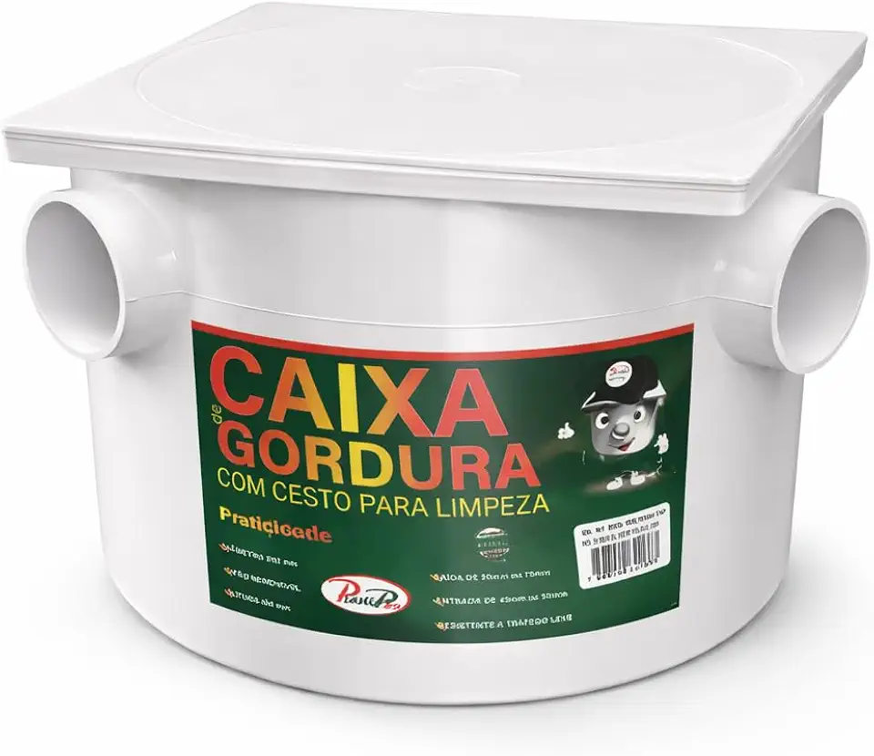 Caixa de Gordura PVC Branca 250x180mm com Cesto Removível para Limpeza, Saída 50mm e 75mm (Quadrada)