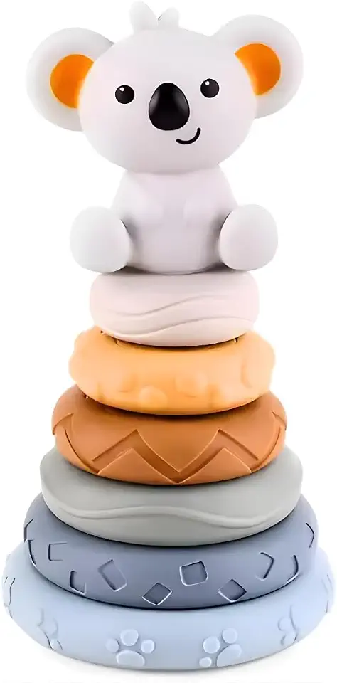 Brinquedo Montessori Empilhar Bebê 6+ Meses | Torre de Argolas Coloridas com Coala | Mordedor | Coordenação Motora e Sensorial | Braile Shop