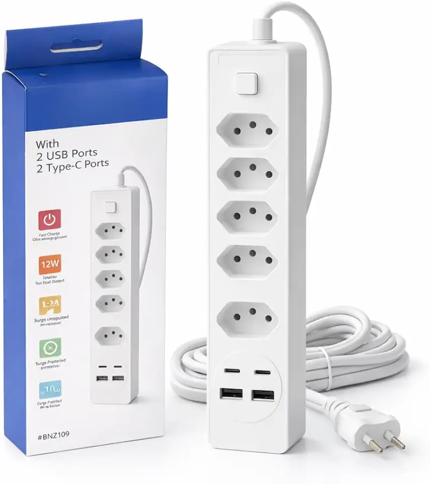 Filtro de Linha com USB e USB-C Bivolt 2500W – 5 Tomadas 3 Pinos com Botão Liga/Desliga, Extensão Elétrica para Casa, Escritório e Eletrônicos