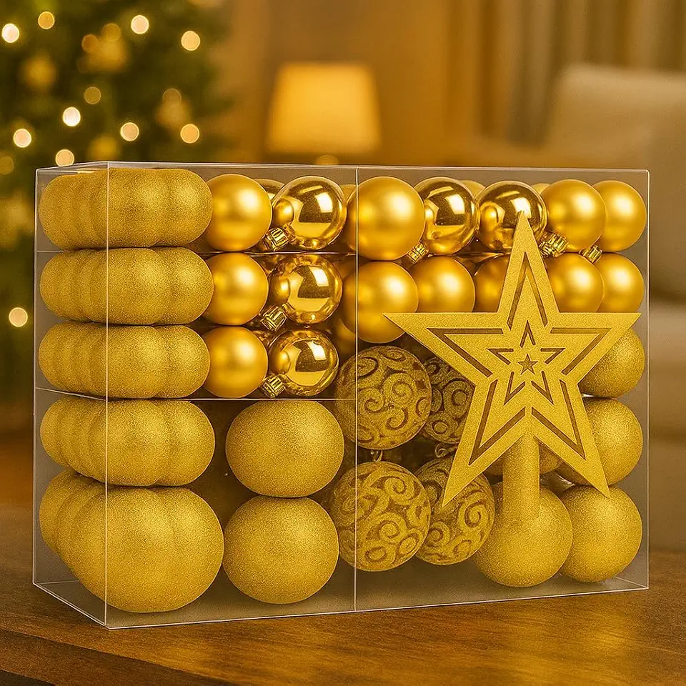 Kit Bolas de Natal Decorativas com 100 Peças Vermelho ou Dourado | Acabamento Fosco, Brilhante e Glitter + Ponteira | Enfeites para Árvore e Decoração Natalina (DOURADO)