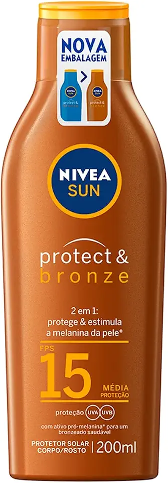 NIVEA SUN Protetor Solar Protect & Bronze FPS15 200ml - Com ativo de pró melanina, resistente à água, protege dos raios UVA/UVB, ajuda a manter a cor bonita e uniforme por mais tempo