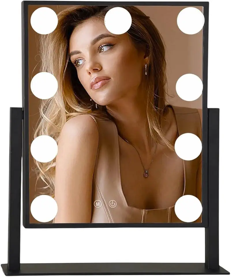 Espelho Hollywood com Iluminação LED, 25x30cm, USB-C, 3 Temperaturas de Cor, Touch, 9 LEDs, Rotação 360° (Preto)