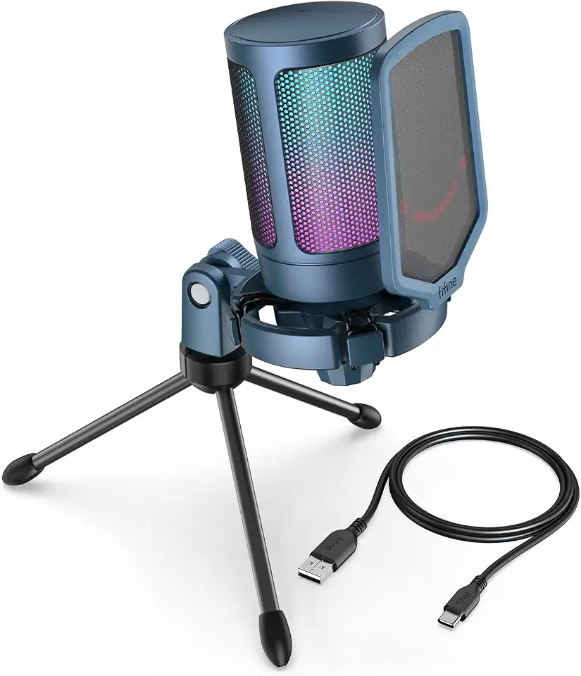 FIFINE Microfone USB para PC com streaming de jogos para Mac OS/Windows, microfone cardioide condensador com RGB para gravação de vídeo vocal Twitch Discord, computador gamer microfone azul-A6B