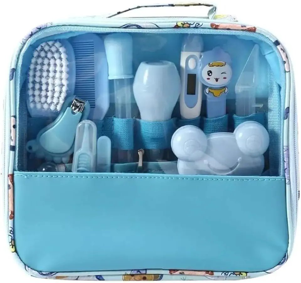 Kit Higiene Bebe - Estojo Cuidado Bebe com 13 em 1 - Bolsa Bebe Organizada e Completa com Tesoura, Pente para Bebe, Termometro, Cortador de Unhas, Lixa de Unhas e outros - Livre de BPA - Linha Premium (Azul)