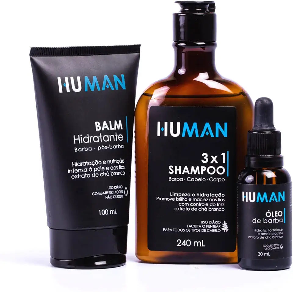 Kit para Barba Human - Shampoo 3 em 1 + Balm Hidratante + Óleo de Barba 30ml