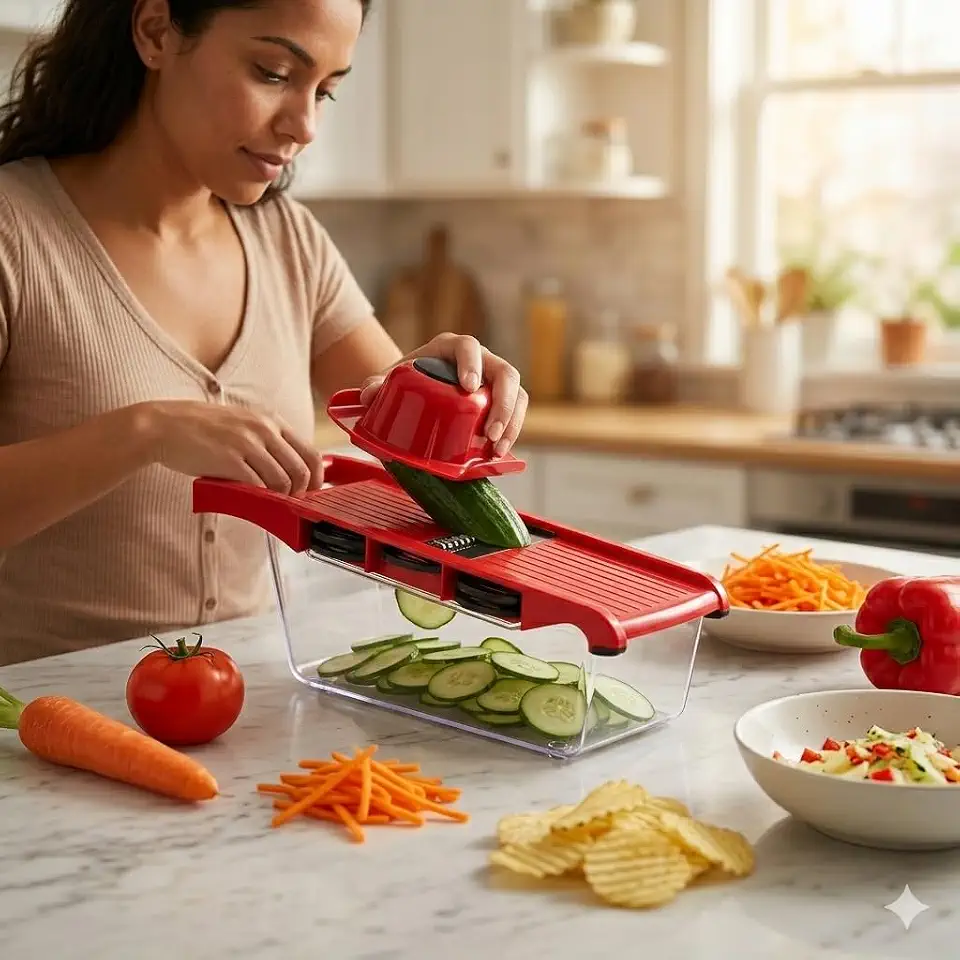 Fatiador e Cortador de Legumes Mandolina 6 em 1 com Recipiente — 6 Lâminas Aço Inox, Corte Ondulado, Ralador, Descascador e Protetor de Mãos Incluso