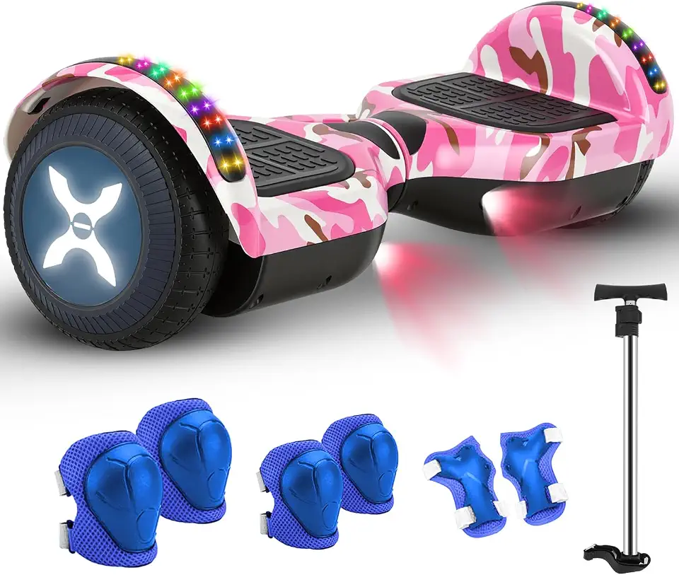 Hoverboard Adulto e Infantil com 350W, Overboard Todo Terreno com Rodas Largas 6.5", Overboard com Bluetooth e Luzes LED, Hoverboard Adulto até 100kg, Autonomia de 10-15km (Rosa)