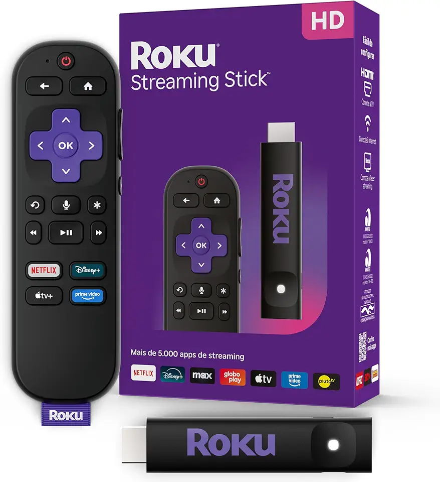 Roku Streaming Stick HD 2025 | Dispositivo de streaming para TV HD/FHD com controle remoto por comando de voz compatível com Alexa, Siri e Google
