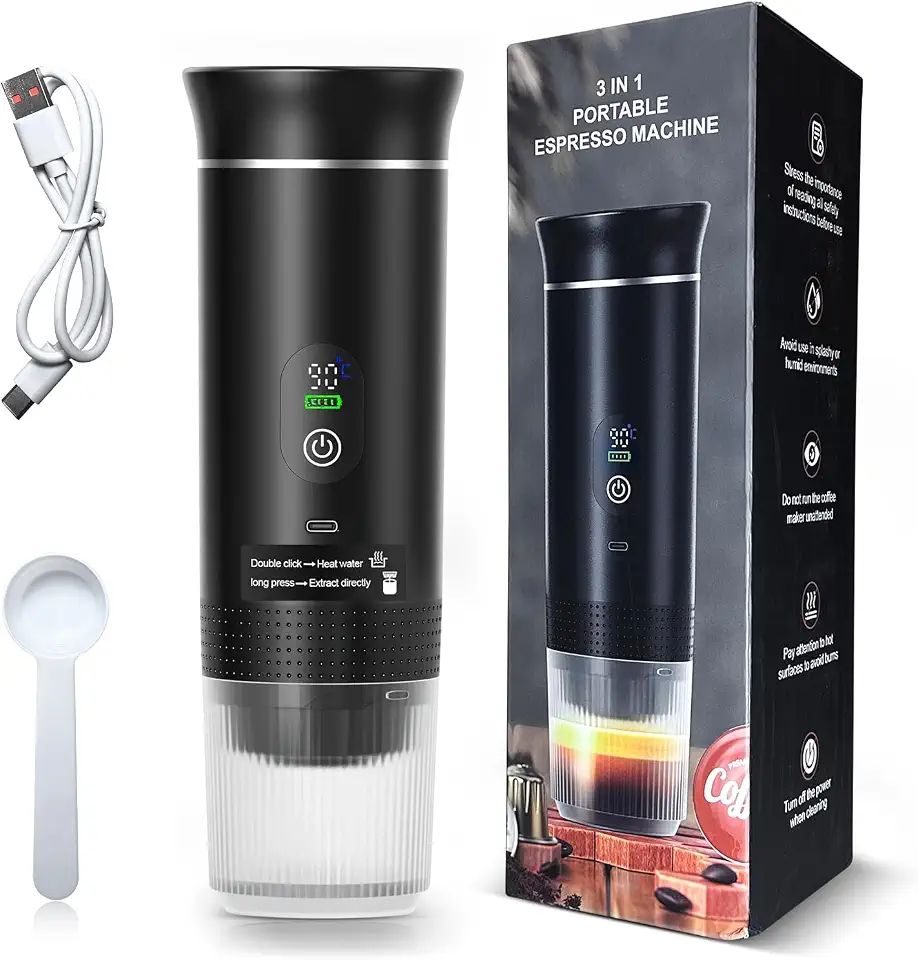 Máquina de Café Portátil 3 em 1, Cafeteira Expresso Portátil Elétrico com Bateria 2500mAh, Display Digital, Compatível com Cápsulas e Pó, 72W, 150ml, Preto
