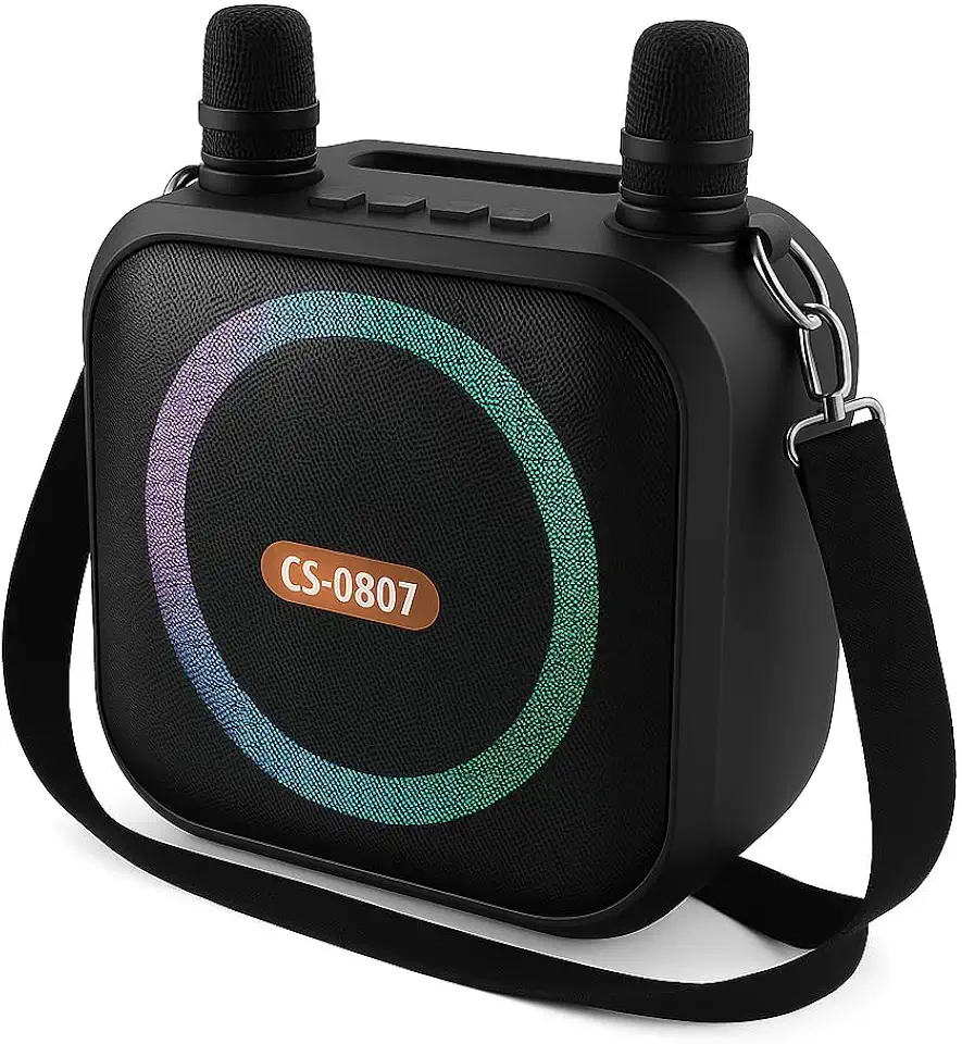 Caixa de Som Karaoke Bluetooth 8” RGB com 2 Microfones, Bateria 2400mAh, USB/SD, Alto-Falante Premium 8W - Alta Performance (Preta)