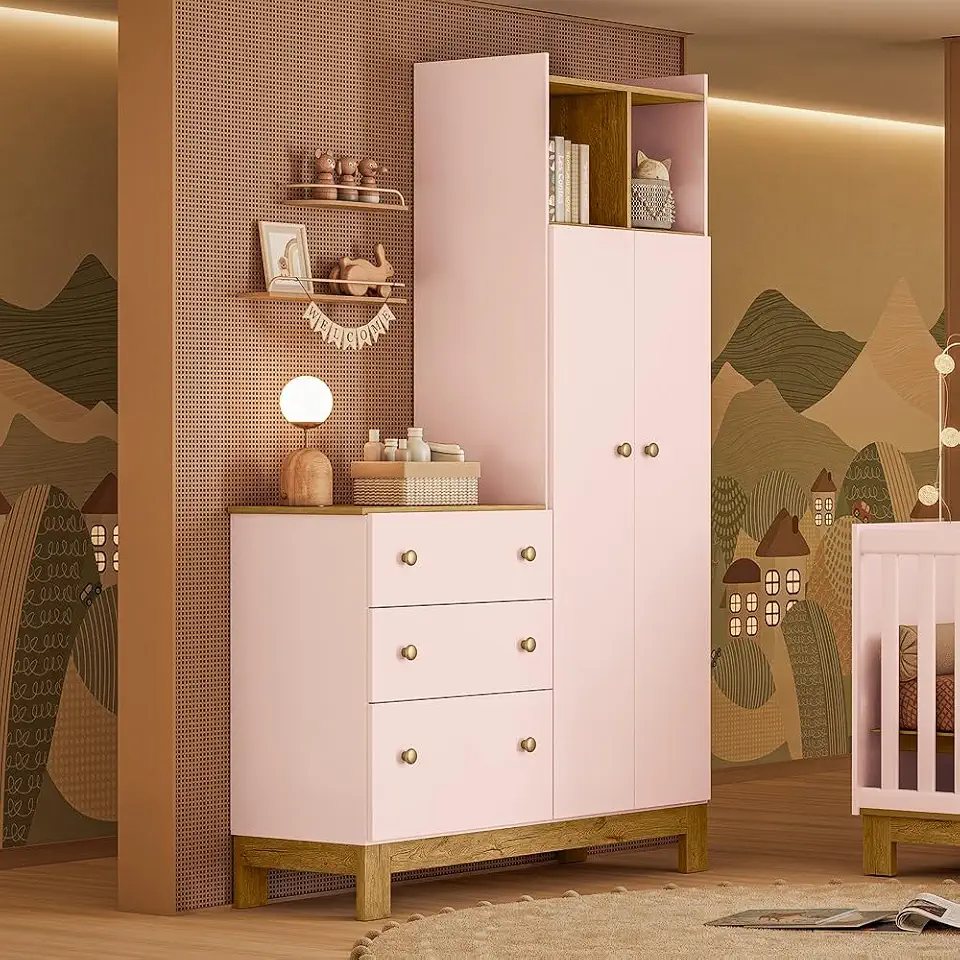Guarda Roupa Infantil com Cômoda 2 Portas 3 Gavetas Flora 4970 Rosa Qmovi