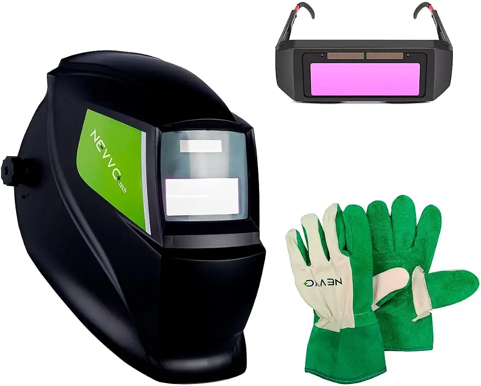 Kit Máscara de Solda Com Escurecimento Automático MSN1200 + Luva de Raspa Vaqueta Cano Curto Multiuso NEVVO + Óculos de Solda Automático