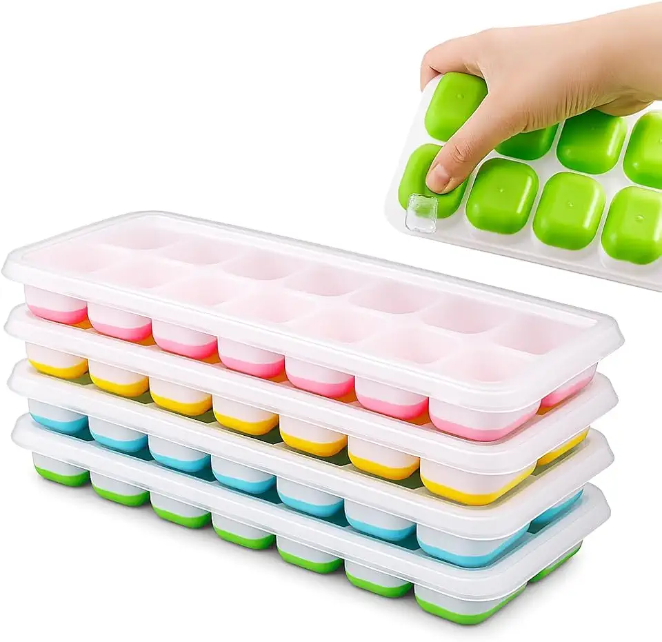 Kit 4 Formas Premium de Gelo com Tampa Silicone Flexível Multiuso Papinha Bebê Drinks Whisky Frutas Molhos Antiodor Livre BPA Freezer Desenforma Fácil Cozinha Organizada Reutilizável Durável