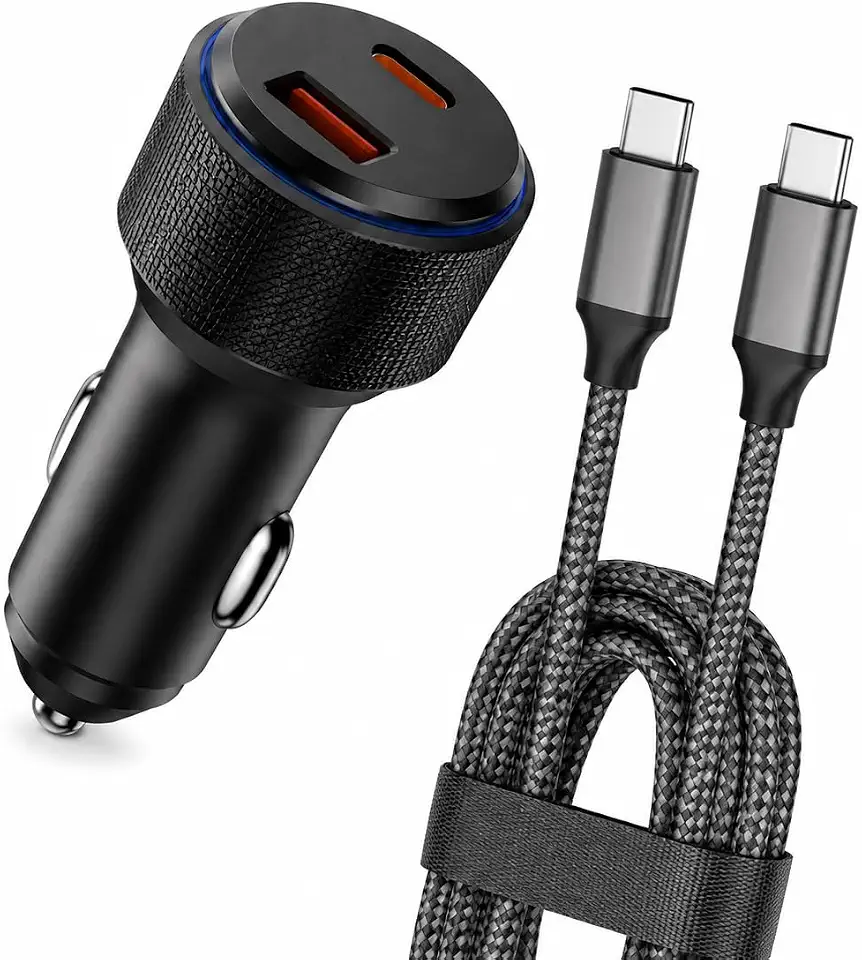 Carregador Veicular Turbo 60W com Cabo USB-C – Carregamento Rápido PD + USB 3.0, 2 Portas, 9.1A, Adaptador Automotivo Universal para Celular Android e iOS