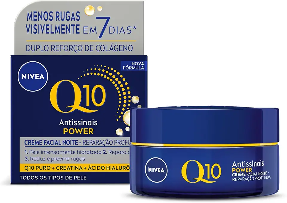 NIVEA Creme Facial Antissinais Q10 Power Noite 49g, Reduz Rugas, Reparação Noturna, Hidratação, Ácido Hialurônico, Cuidado Facial Noturno