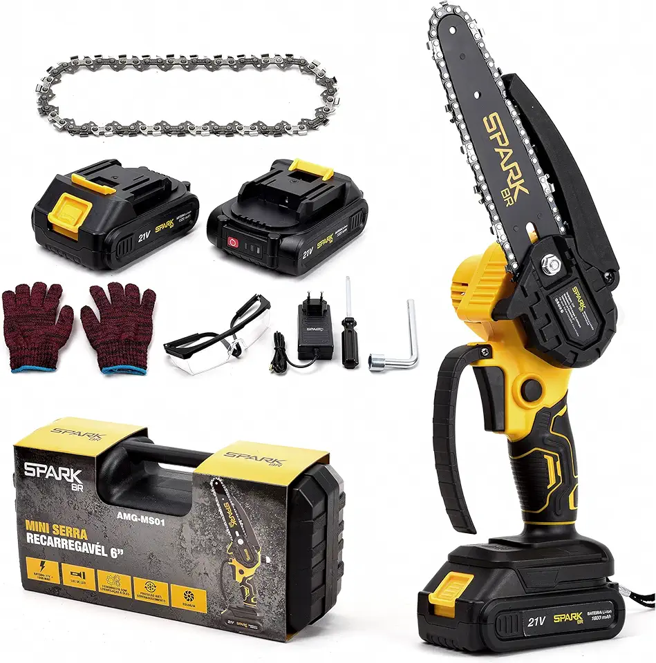 Mini Motosserra Elétrica SparkBR 6" Recarregável 21V 2 Baterias Maleta Corrente Extra Lubrificação LEDIndicador Trava Segurança Acessórios
