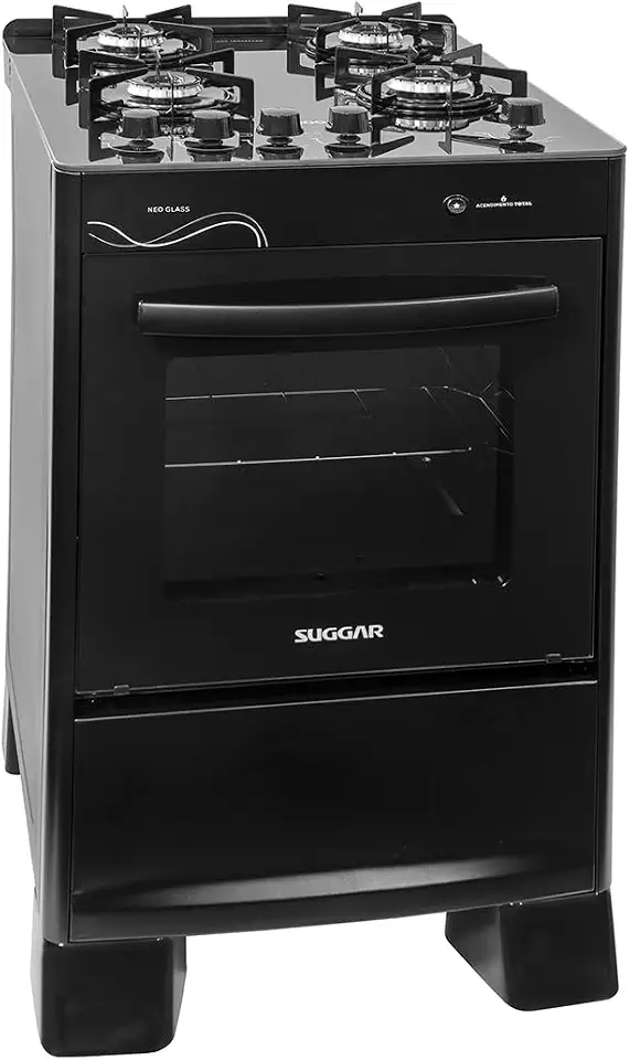 SUGGAR FOGÃO NEO GLASS PRETO MESA DE VIDRO 4 BOCAS TREMPE 6 APOIOS ACENDIMENTO AUTOMÁTICO FGVNG410PT