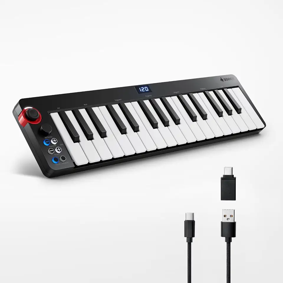 Donner Controlador de Teclado Midi Usb Mini de 32 Teclas, N-32 com Tela, Sequenciador, Acordes, Efeitos Sonoros de Bending Joystick Iluminado Mac/Pc, Software de Produção Musical, 40 Cursos de Ensino