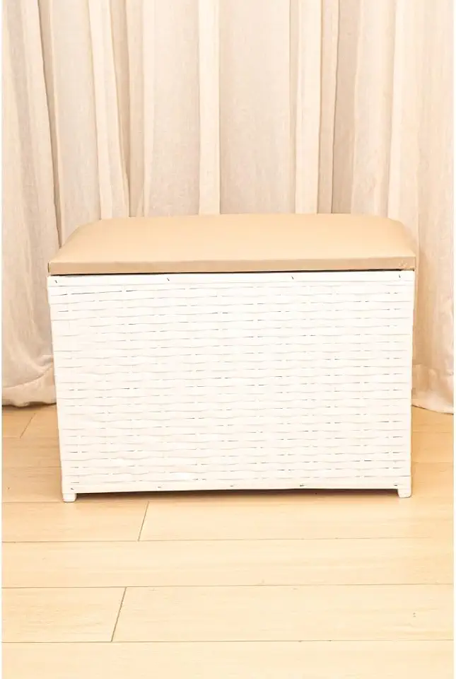 Bolsa Puff Bau Para Quarto, com capacidade de 80 litros, feita de fibra sintética e com assentos em camurça(Branco/BEGE)