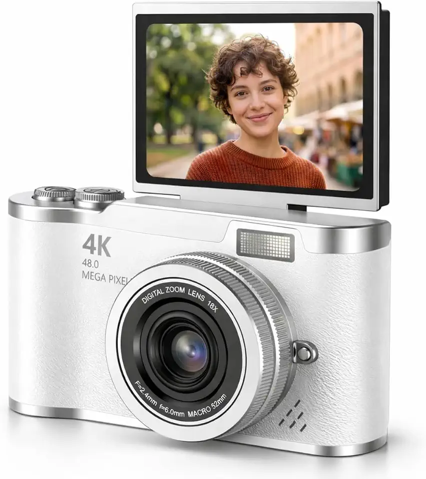Câmera Digital 4K 1080P HD 48MP Com Cartão de Memória 32Gb Bateria Recarregável Zoom Digital 8X Tela Flip Giratória 180° Ideal para Videos Vlog Selfie Viagem e Iniciantes (Branco)