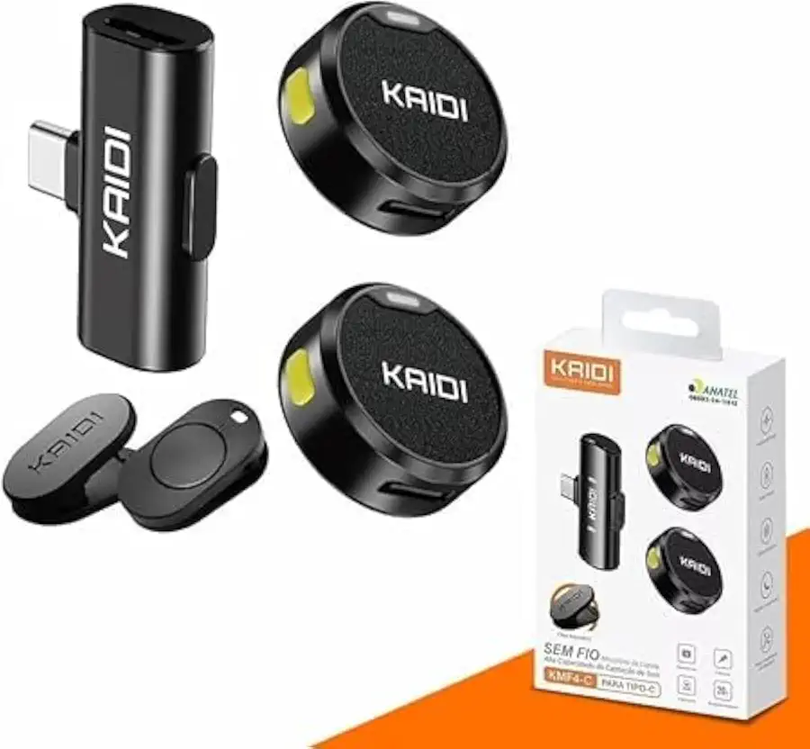 Microfone de Lapela Sem Fio Kit c/ 2 Un Dispositivos Android Conexao Tipo C E Para iPhone IOS com Conexão Tipo C, Ideal Para Podcast, YouTube, TikTok, Som Qualidade Profissional