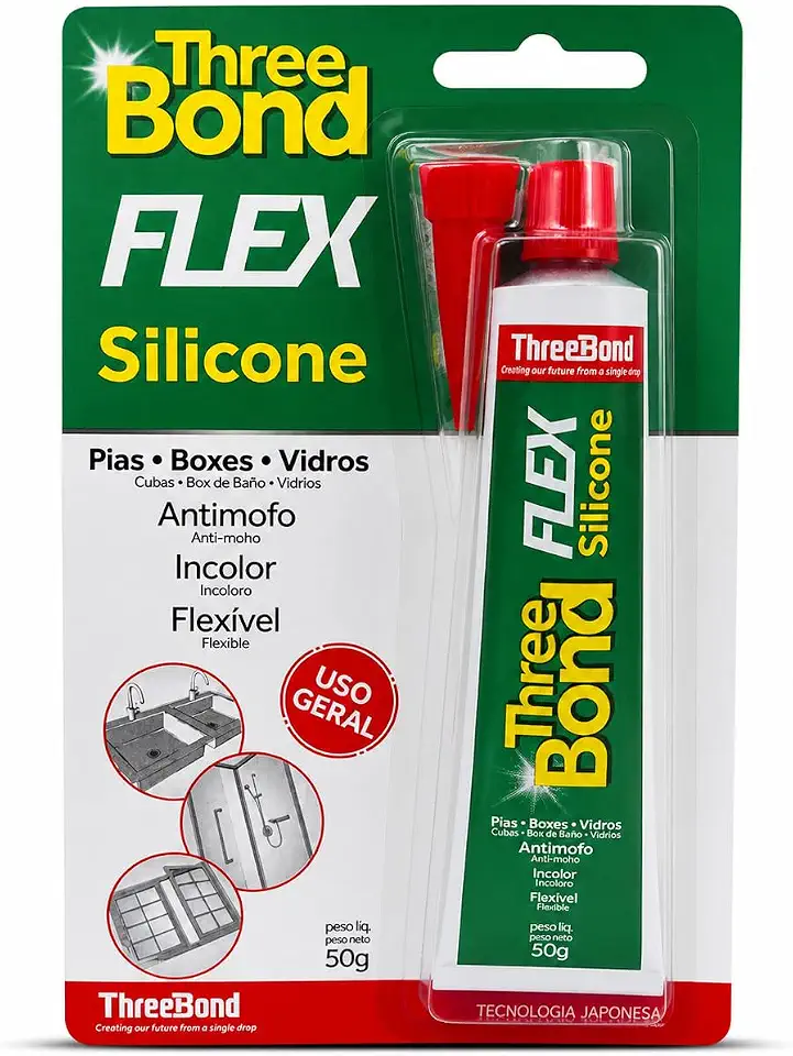 Silicone Flex ThreeBond 50g Incolor Antimofo – Vedação Flexível para Pias, Box, Vidros e Janelas | Cura Acética