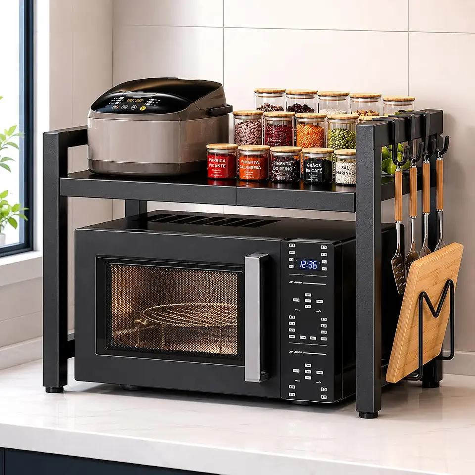 BEMMY Suporte para Micro-ondas, Organizador Metal de Prateleira com Largura Extensível, Grelha para Forno de Microondas, Suporte de Armazenamento para Cozinha e Casa.