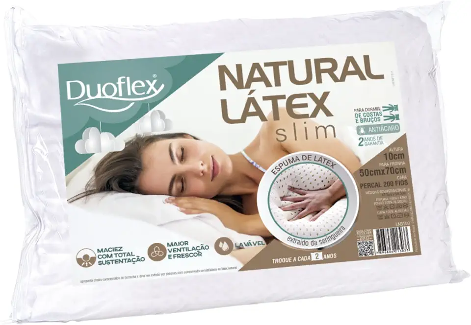 Travesseiro Duoflex Natural Látex Slim 10 cm, Branco, para fronha 50 x 70 cm