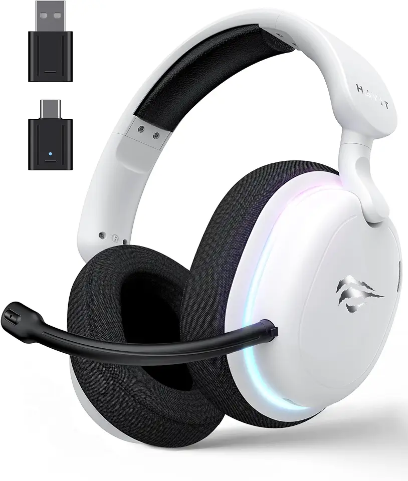 Havit Fone de Ouvido Gamer Five-Mode Fuxi-H7 White Black, Sem fio e Com Fio, Wireless 2,4GHz, Bluetooth, USB, Cabo 3,5mm, Falante de 40 mm, Microfone Destacável com Cancelamento de Ruído