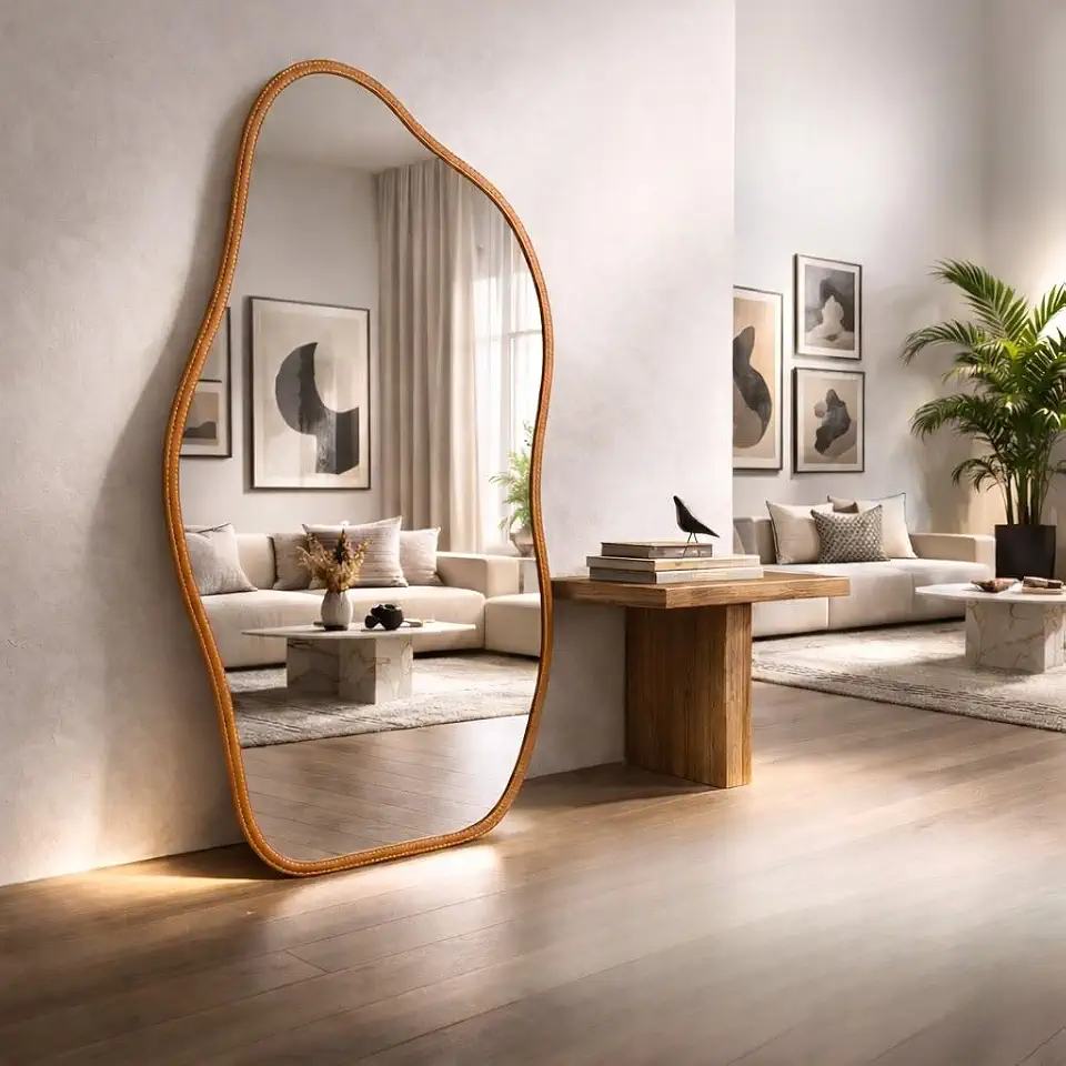 Espelho Orgânico 120x50 e 80x40 com Moldura em Couro Espelho de Chão Corpo Inteiro Moderno Espelho Grande para Quarto Luxo (Caramelo,80x40)