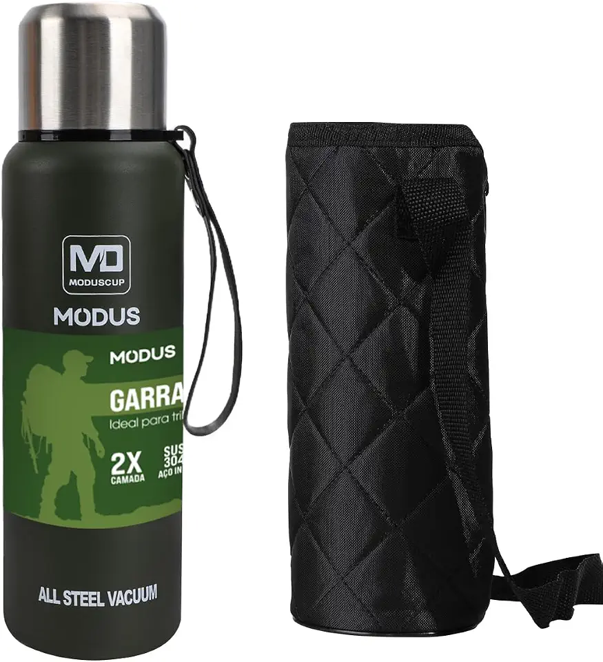 MODUS Garrafa Térmica Aço Inox Portátil Caneca de Viagem com Corda e Bolsa 1000ML/1500ML (Verde 1000ML)