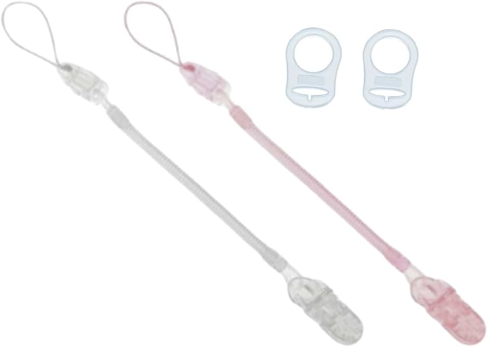 02 Prendedores De Chupeta Mola (Rosa e Transparente) + 02 Adaptadores De Chupeta Universal