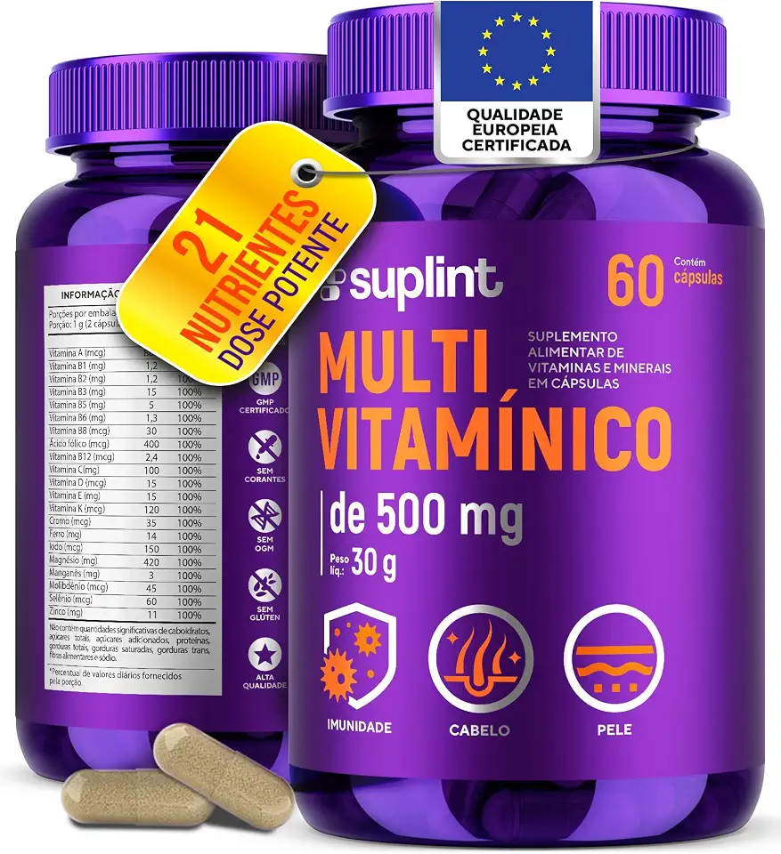 Multivitamínico 500 MG com Vitaminas A, C, D3, E, K1, Complexo B, Zinco e Cromo | 21 Ingredientes em Cápsulas Veganas | Para Adultos | Cápsulas Veganas, Sem Glúten e Não Transgênico – 60 Cápsulas