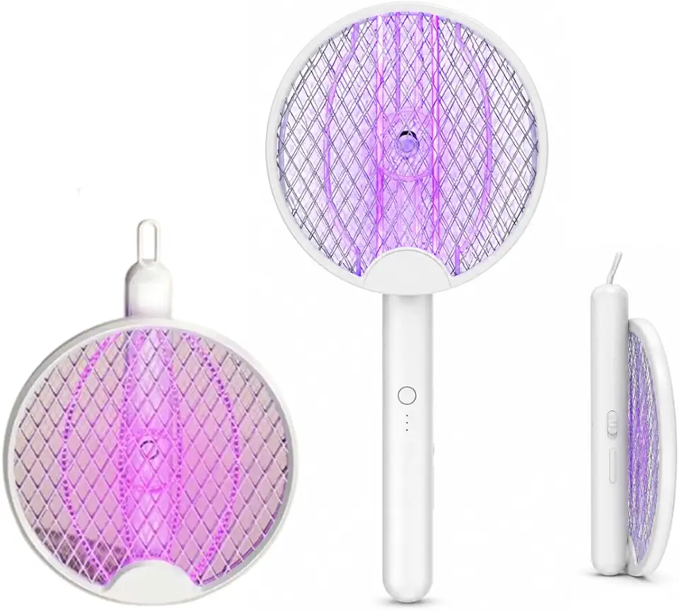 Raquete Elétrica Mata Mosquito Recarregável USB 4 em 1 3000V Armadilha UV LED Mata Pernilongo Moscas e Insetos Portátil