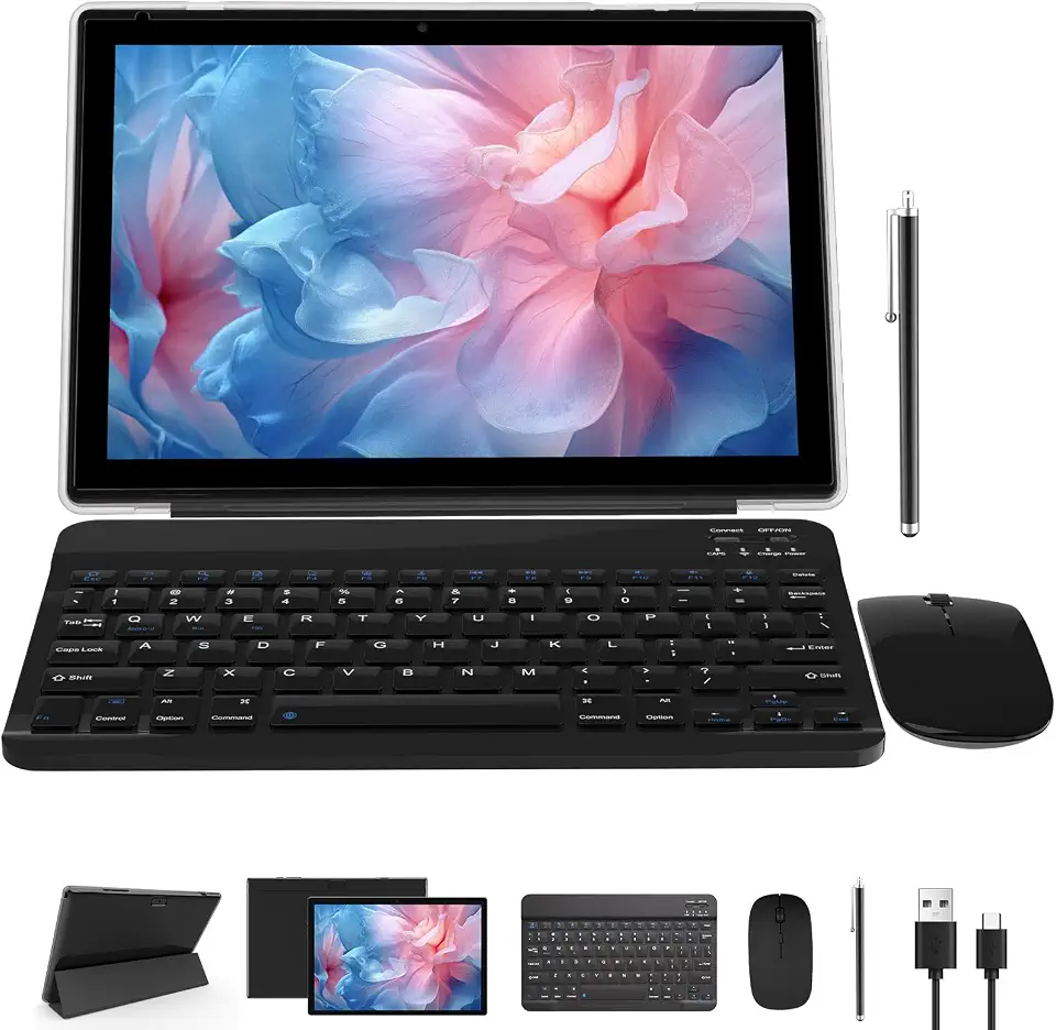 NOVOJOY Tablet 2 Em 1 de 10" Android 12 os Tableta, Tablets com Teclado, Mouse, Estojo, Caneta, 64 Gb Rom + 4 Gb Ram, Câmera Dupla de 2 Mp + 8 Mp, Processador Quad Core, Bateria de 6000 Mah, Guia Fhd
