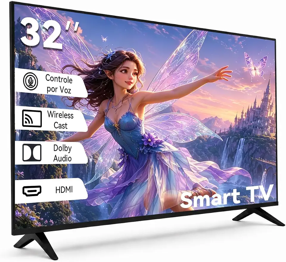 Smart TV de 32 Polegadas, Wi-Fi 6 Banda Dupla 2.4G/5G + Bluetooth, Assistente de Voz, Tela ADS HD 1366x768, 2×HDMI 2.0 + 2×Portas USB, Aplicativos Populares do Mercado Brasileiro Inclusos