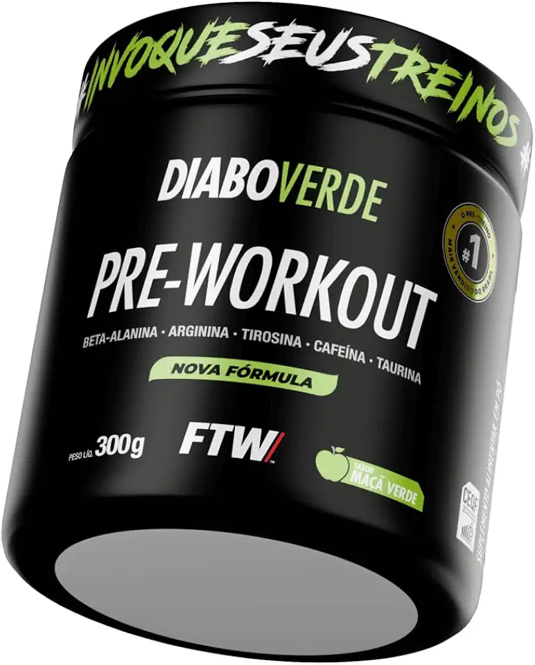 FTW Pré-Treino Diabo Verde em Pó com Cafeína, Aminoácidos Beta‑Alanina e Arginina para Treinos e Atividades Físicas - Pote 300 g (Maça Verde)