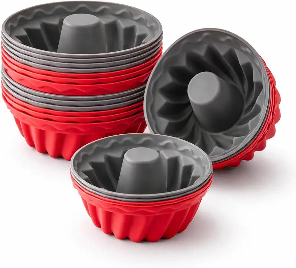 Kit 12 Formas de Silicone para Cupcake, Antiaderente, Compatível com Forno, Micro-ondas e Airfryer, Vermelho e Cinza, 7,2cm x 7,2cm x 3cm