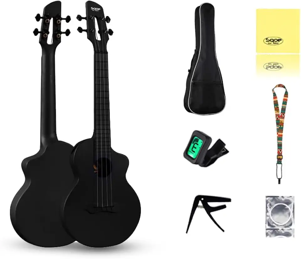 VEDO Ukulele de Concerto 23 Polegadas em Fibra de Carbono – Kit Completo para Iniciantes e Viajantes com Mochila, Alça, Capotraste, Afinador, Palhetas e Cordas – Resistente à Água e Leve (Preto)