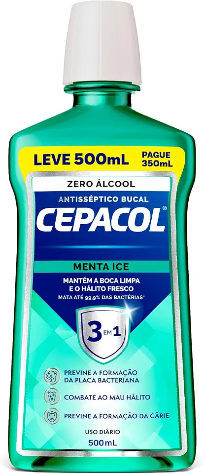 Cepacol - Enxaguante Bucal Menta Ice - Sem Álcool, Refrescante e Antisséptico - Proteção Prolongada - 500ml