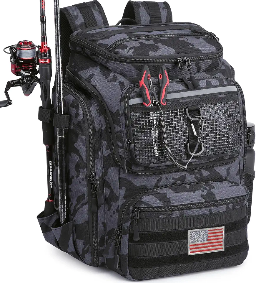HAMBOLY Mochila de pesca de 45 L com suportes de vara, mochila resistente à água para pescadores, bolsa de equipamento de pesca de grande capacidade para viagens, caminhadas, acampamento