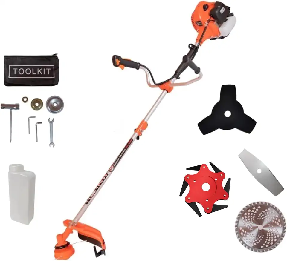 Roçadeira a Gasolina Profissional com Motor de 65CC, Potência de 3HP, Equipada com Lâmina de 6 Pontas, 2 Pontas Facão e Disco de 80 Dentes, Inclui Kit Completo de Acessórios para Trabalho Eficiente