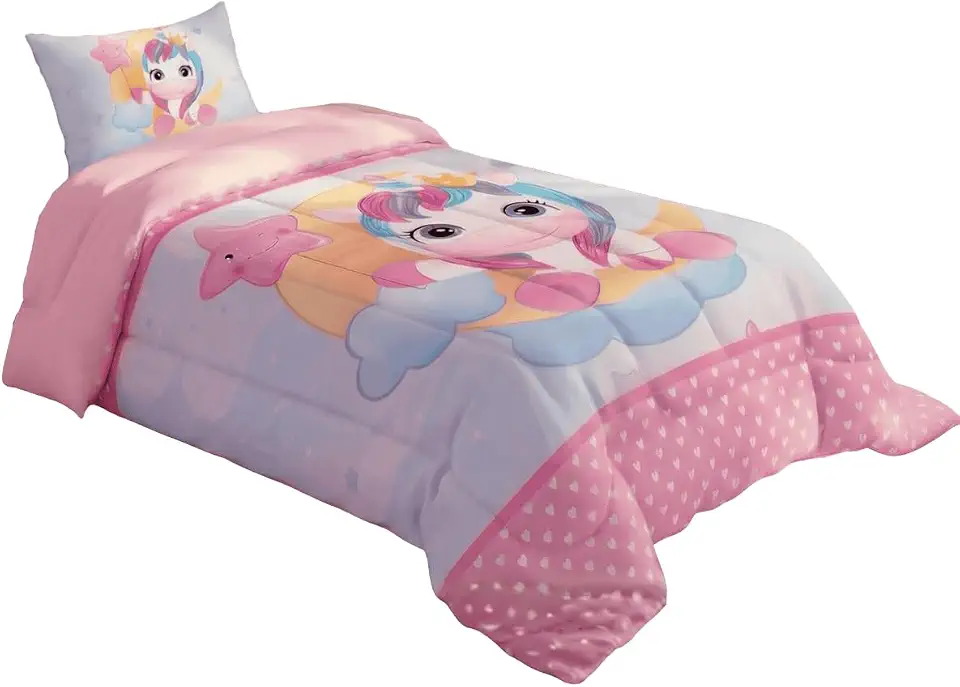 Edredom Infantil Cobertor Menina Solteiro 2 Pçs Com Fronha Estampado 400 Fios Macio Grande Confortavel (Unicornio Baby)