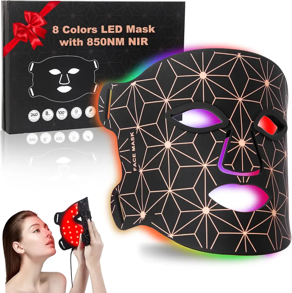 Máscara terapêutica de luz vermelha para rosto, máscara facial de LED recarregável de 3000 mAh com infravermelho próximo de 850 NM, máscara de luz vermelha de 8 cores, dispositivo de cuidados com a