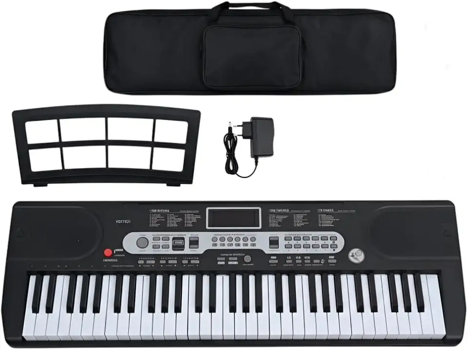 VEDO Teclado Musical, 61 Teclas Retroiluminado Semipesadas, 100 Tons, 100 Ritmos, 10 CançõEs de DemonstraçãO, Adaptação Acordes, com Estante de Partitura e Bolsa, Adequado Para Iniciantes, Preto