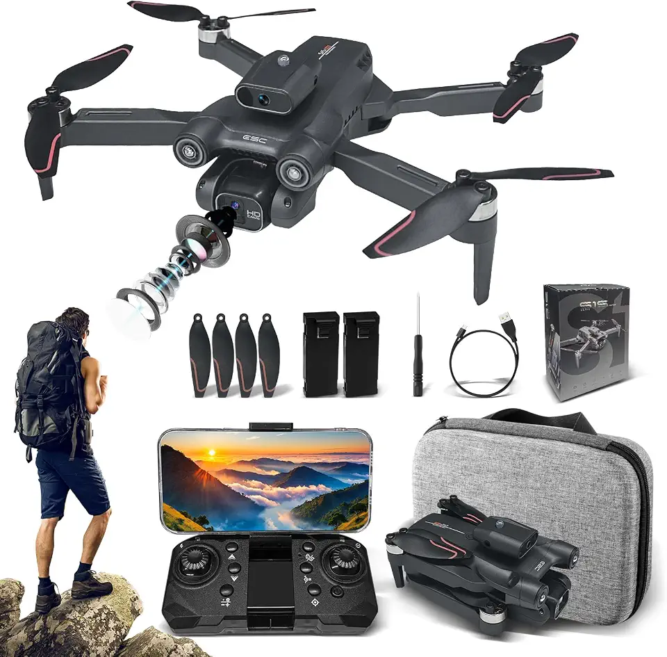 Drone com Câmera HD, Controle Remoto, Sensor de Obstáculos em 4 Direções, 120 Minutos de Voo, 2 Baterias 3.7V 1800mAh, Controle Remoto, Bolsa de Transporte (S1S)