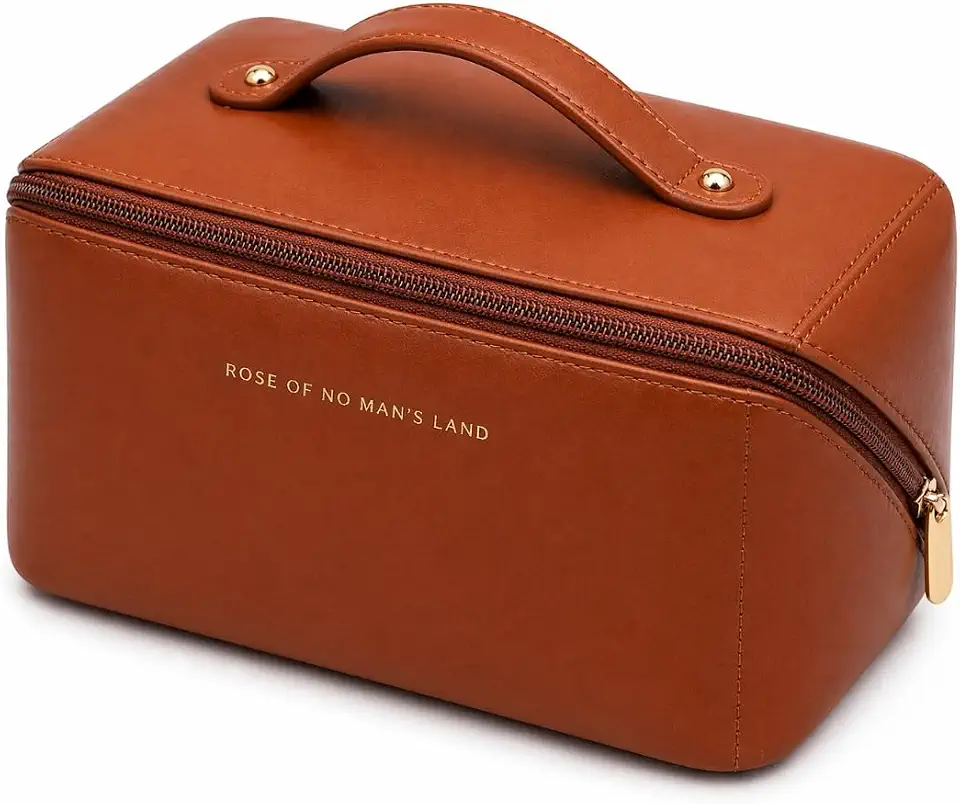 Bolsa Necessaire Feminina Grande Impermeável Porta Maquiagem Viagem Organizador de Cosméticos Joias e Acessórios Couro Sintético Resistente Dupla Camada Zíper Reforçado Luxo Alta Capacidade (MARROM)