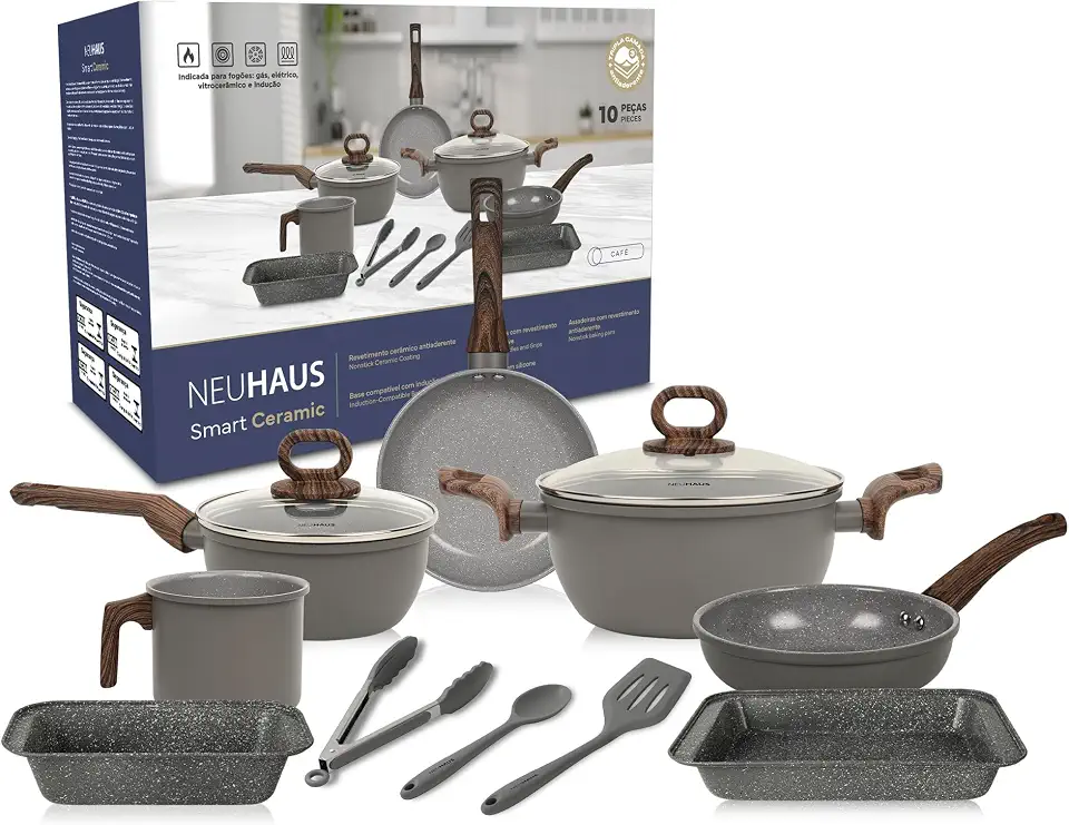 NEUHAUS JOGO DE PANELAS 10 PEÇAS SMART CERAMIC - CORPO COM REVESTIMENTO CERÂMICO ANTIADERENTE COM ACABAMENTO COFFEE, BASE COMPATÍVEL COM INDUÇÃO