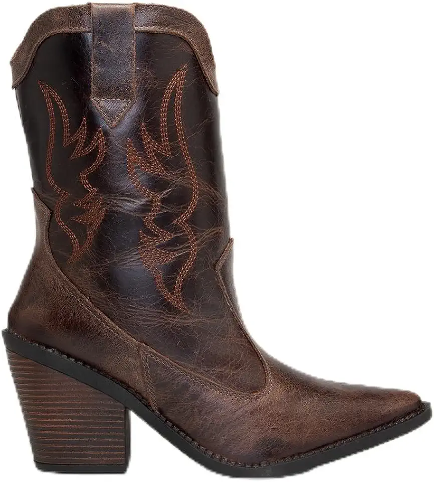 Bota Texana Feminina Couro Legitimo Estilo Country Sola Antiderrapante 2008 Café