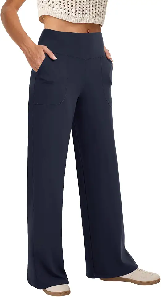 Calça feminina de perna larga para ioga de cintura alta com bolsos, folgada, elástica, para trabalho, calça de moletom casual